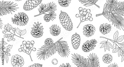 Natural pine cones and needles sketch seamless pattern in black and white for rustic winter and outdoor themed design backgrounds.