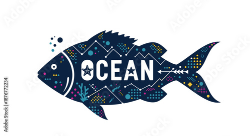 Stylized dark blue fish silhouette filled with white text reading ocean and various geometric and nautical patterns for marine art.