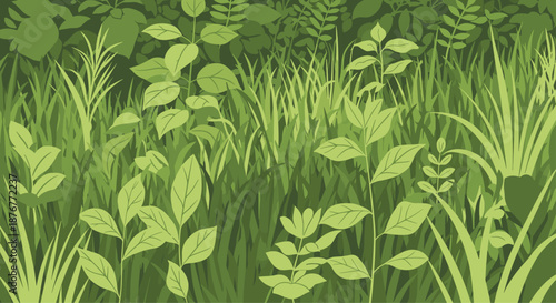 Dense field of green grass and leafy plants illustration creating a lush meadow or forest undergrowth scene in various shades of green.