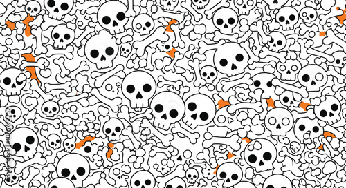 Spooky halloween seamless pattern filled with white hand drawn skulls and bones against small orange background pops for a scary look.