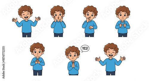 Cartoon boy character in a blue shirt shown with several different facial expressions and body language for emotional learning.