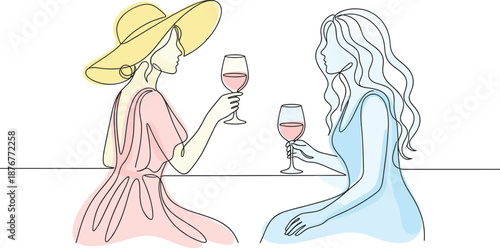 Continuous line drawing of two elegant women in summer dresses toasting with wine glasses minimalist vector illustration for celebration concept