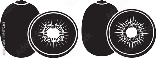 Minimalist Black and White Kiwi Fruit Icons, Set of Whole Kiwi and Sliced Cross-Section Vector Illustration for Healthy Food Logo and Graphic Design