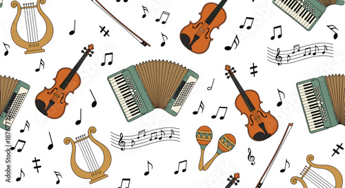 Classical musical instruments seamless pattern including violins, accordions, lyres, and maracas with scattered musical notes for artists.