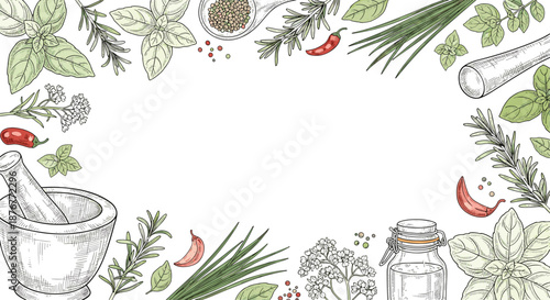 Decorative frame made of fresh culinary herbs like basil, rosemary, and peppers with a mortar, pestle, and oil bottle on white.