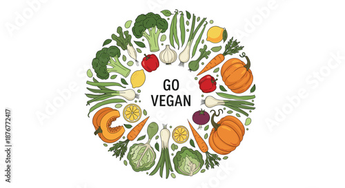 Healthy go vegan message surrounded by a circular wreath of various fresh vegetables like pumpkin, broccoli, and carrots on white.