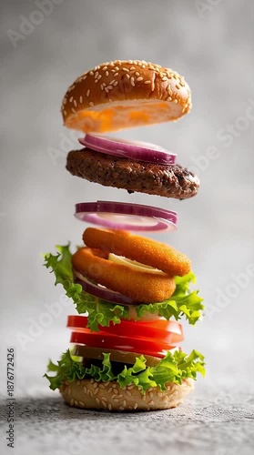 Creative Flatlay Deconstruction of Hamburger Ingredients Arranged on Neutral Background