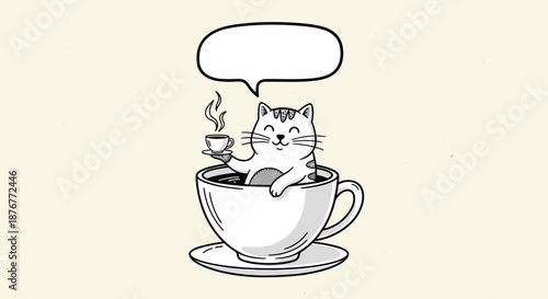 Cute black and white illustration of a happy cat sitting inside a large coffee cup holding a smaller cup with a speech bubble.