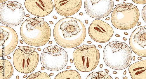 Vintage style persimmon fruit and slices seamless pattern with detailed sketches and seeds in warm orange and cream tones.