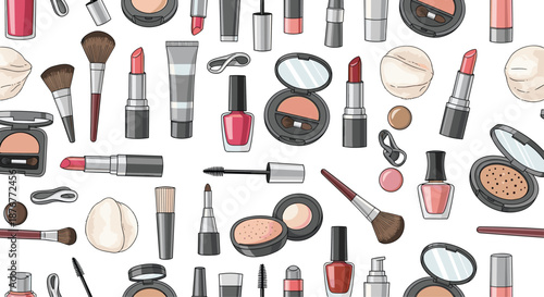 Glamorous cosmetics and makeup seamless pattern featuring lipstick, eyeshadow, brushes, and nail polish for beauty industry themes.