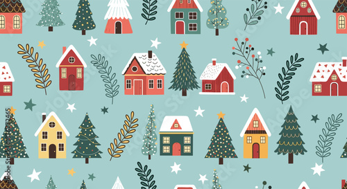 Cozy christmas village seamless pattern with small snowy houses, pine trees, and stars on a soft blue background for winter gifts.