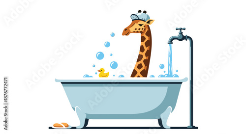 Humorous illustration of a giraffe taking a bath with a shower cap and rubber duck in a blue clawfoot tub with floating bubbles.