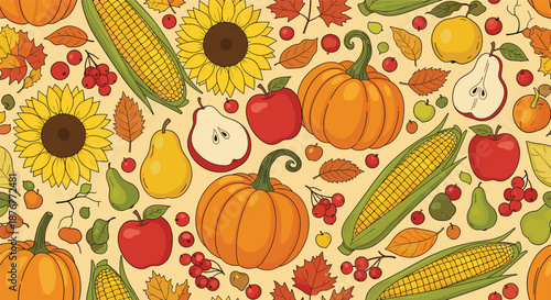 Abundant harvest festival seamless pattern with pumpkins, sunflowers, corn, apples, and pears in warm autumnal colors for thanksgiving.