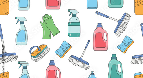 Cleaning service seamless pattern featuring spray bottles, mops, sponges, rubber gloves, and various detergent containers.