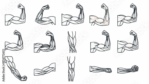 Collection of Anatomical Illustrations of Human Biceps and Forearm Muscles.