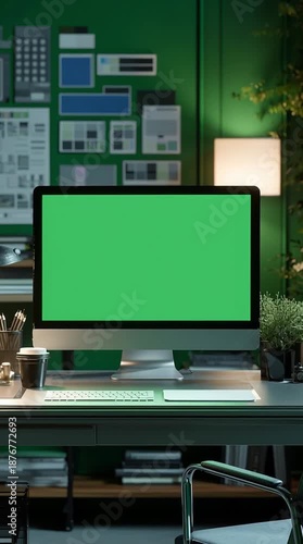 Modern Digital Agency Workspace with Desktop Computer Monitor Showing Green Screen Mockup