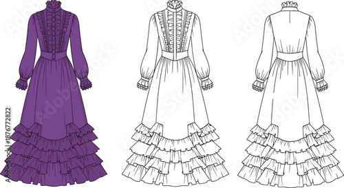 Victorian ruffle dress fashion illustration front and back view purple long sleeve gown flat vector technical design