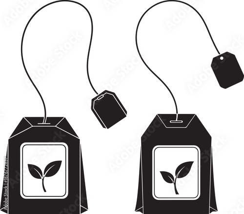 Black and white silhouette set of tea bags with string, tag and leaf emblem, perfect for cafe menu design and beverage branding.