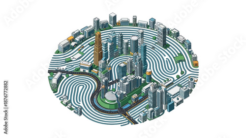 Futuristic city concept with a circular maze-like urban layout, showcasing advanced infrastructure, modern buildings, complex road systems, and innovative city planning representing technology-driven 