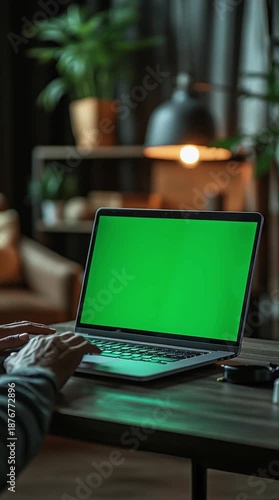 Realistic Person Working on Laptop with Blank Green Screen at Modern Desk with Natural Light