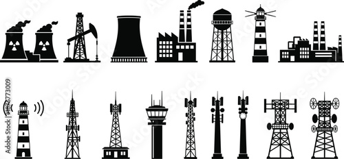 Industrial factory and communication tower icon set with power plants oil rigs radio antennas and lighthouse silhouettes vector