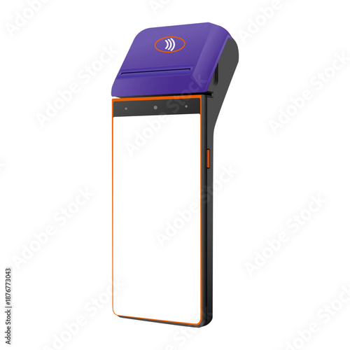 Handheld electronic payment terminal with purple top section and white display screen, designed for contactless transactions.