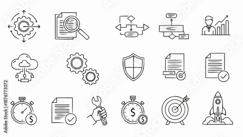 Collection of Business and Technology Icons for Project Management and Strategy.