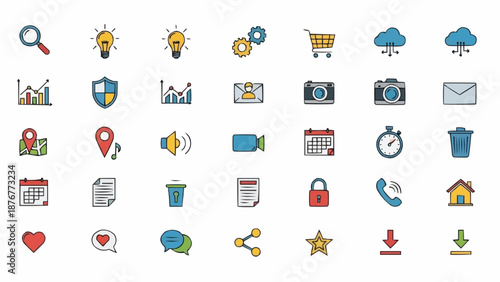 Collection of colorful flat icons representing business and technology concepts.