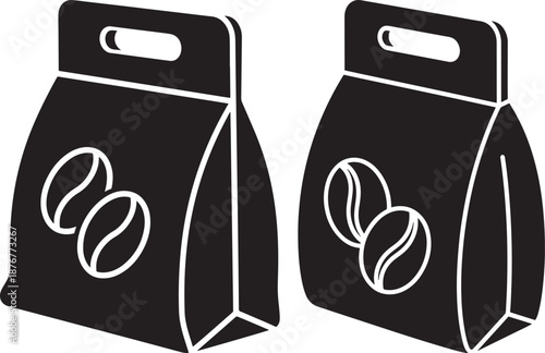 Pair of coffee bean packaging bags silhouettes with handle and bean graphics, ideal for product branding and cafe supply icons.