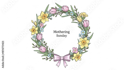 Floral Wreath with Tulips and Daffodils for Mothering Sunday Illustration