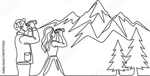 Continuous line drawing of couple using binoculars looking at mountain range minimalist vector illustration for travel adventure and discovery concept