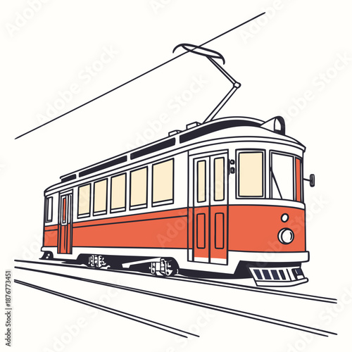 Red tram on tracks