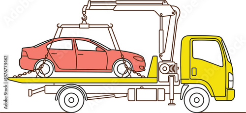 Vector illustration of yellow tow truck carrying a pink sedan car minimalist flat line design for roadside assistance and recovery