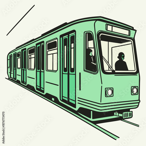 Green tram on tracks