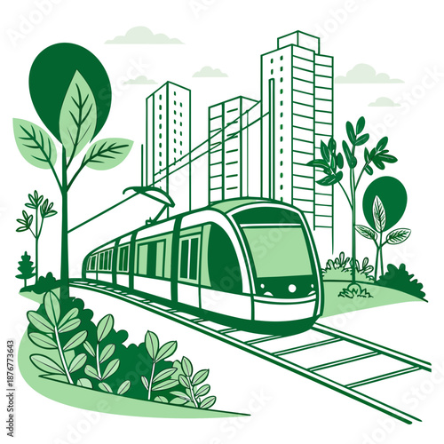 Modern train in green cityscape