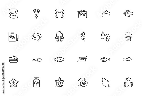 Seafood icon set. Vector illustration pack. Includes eel, lobster, crab, dolphin, octopus, seahorse, jellyfish, swordfish, starfish, turtle, snail, conch and more.