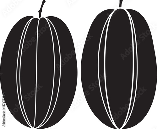 Simple black and white silhouettes of whole melon fruits, such as cantaloupe or honeydew, showing characteristic outer skin texture.