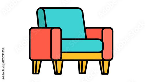 A colorful illustration of a modern armchair with a teal seat and backrest, red arms, and yellow legs.