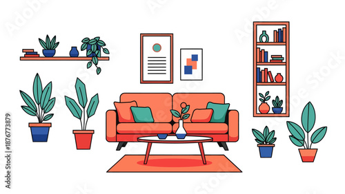 A colorful living room with a couch, coffee table, plants, and bookshelves in a modern flat illustration style.
