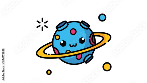 A cute cartoon planet with a ring and smiling face floats in space.