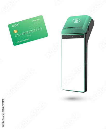 Green bank card positioned next to contactless payment terminal with wireless payment symbol.