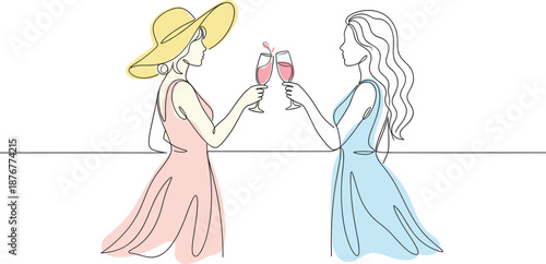 Continuous line drawing of two elegant women in summer dresses toasting with wine glasses minimalist vector illustration for celebration concept