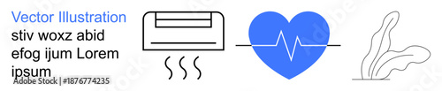 Health monitoring, home comfort, medical care, HVAC systems, abstract design, modern icons. Heartbeat line within heart shape, air conditioner decorative plant. Health monitoring and home comfort