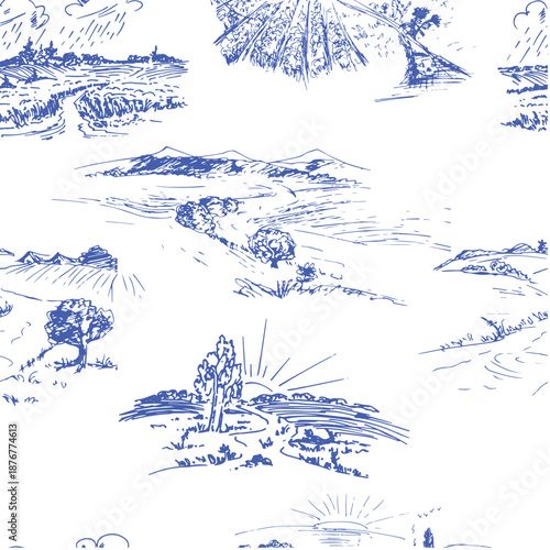 Blue seamless toile pattern, landscape, fields, sun, countryside.