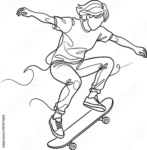 Continuous line drawing of skateboarder performing kickflip trick in mid air minimalist vector illustration of teenager skater in outline style