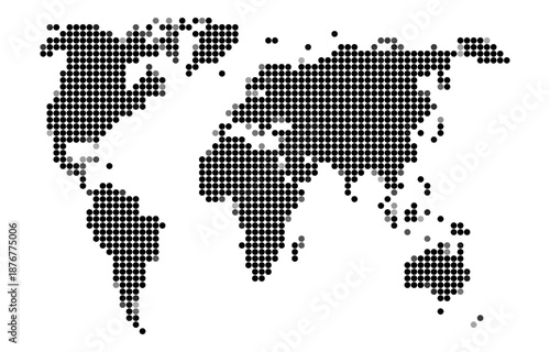 Detailed halftone world map created using black dots of varying sizes, representing continents and landmasses with a minimalist, abstract design approach.