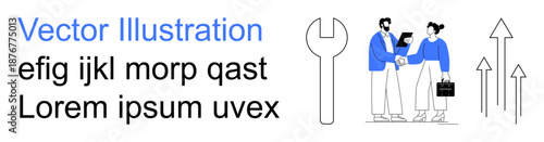 Business strategy, teamwork, professional collaboration, growth opportunities, success tools, career development. Two people shaking hands, wrench icon and growth arrows. Business strategy