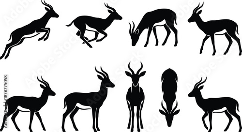 Antelope silhouettes, wildlife poses, jumping, running, grazing, standing, nature illustration, animal shapes, gray background, herd motion, stylized design