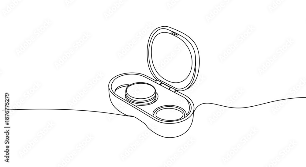 Obraz premium Line drawing of an eye lens case with lenses on a transparent background, showcasing details of the case and lenses in a simple artistic style.