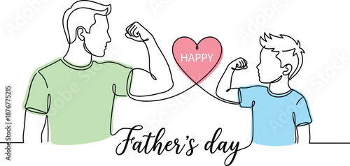 Continuous line drawing of father and son flexing muscles with heart for Happy Father's Day minimalist vector illustration in outline
